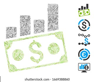 Dash Mosaic basierend auf Geld-Charts-Symbol. Mosaike Vektorillustration Geldkarten sind mit verstreuten Dash-Artikeln konzipiert. Bonussymbole werden hinzugefügt.