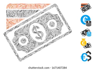 Dash Mosaic based on money icon. Mosaic vector money is designed with scattered dash dots. Bonus icons are added.