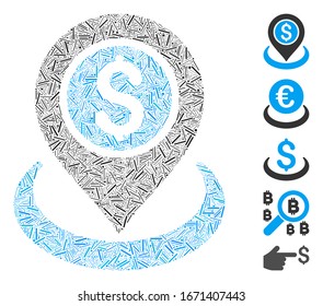 Dash Mosaic based on money location icon. Mosaic vector money location is designed with random dash dots. Bonus icons are added.