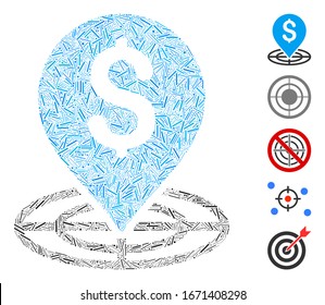 Dash Mosaic basierend auf Geld Ziel Symbol. Mosaik Vektorillustration Geldziel wird mit zufälligen Bindemitteln erstellt. Bonussymbole werden hinzugefügt.
