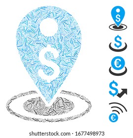 Dash Mosaic basado en el icono del lugar del dinero. El lugar de dinero vectorial mosaico está diseñado con puntos de guión aleatorio. Se agregan iconos de bonificación.