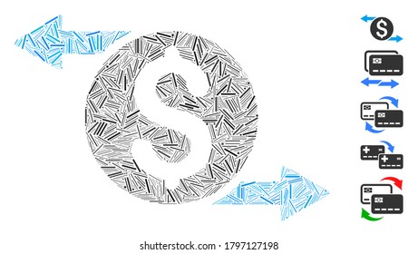 Dash Mosaic based on money exchange icon. Mosaic vector money exchange is created with scattered dash items. Bonus icons are added.