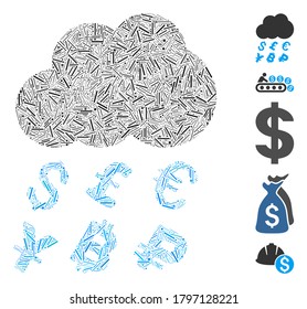 Dash Mosaic basado en el ícono de la lluvia de dinero. La lluvia de dinero vectorial mosaico se compone de artículos de guión al azar. Se agregan iconos de bonificación.