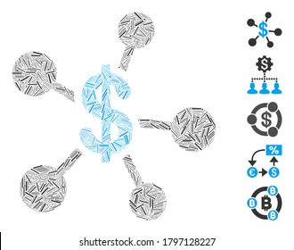 Dash Mosaic basado en el icono de emisión de dinero. La emisión de dinero vectorial mosaico se crea con puntos de guiones dispersos. Se agregan iconos de bonificación.