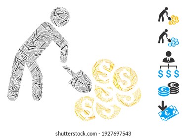 Dash Mosaic auf der Grundlage des Geld-Mining-Symbol. Mosaik Vektorgeld-Mining wird mit randomisierten Linien gebildet. Bonussymbole werden hinzugefügt.