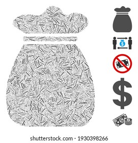 Dash Mosaic based on money bag icon. Mosaic vector money bag is created with random dash items. Bonus icons are added.