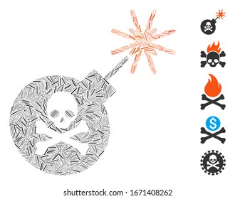 Dash Mosaic based on mortal bomb icon. Mosaic vector mortal bomb is composed with randomized dash elements. Bonus icons are added.
