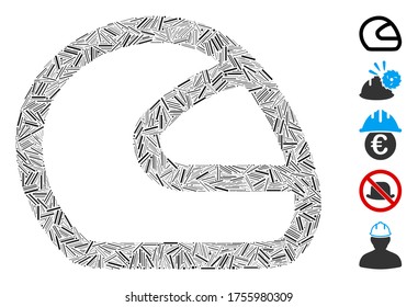 Dash Mosaic basado en el icono del casco de la motocicleta. El casco de motocicleta vectorial mosaico se forma con elementos de guión aleatorizados. Se agregan iconos de bonificación.