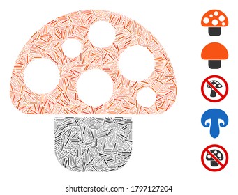 Dash Mosaic based on mushroom icon. Mosaic vector mushroom is composed with random dash items. Bonus icons are added.