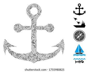Dash Mosaic based on navy anchor icon. Mosaic vector navy anchor is formed with randomized dash dots. Bonus icons are added.