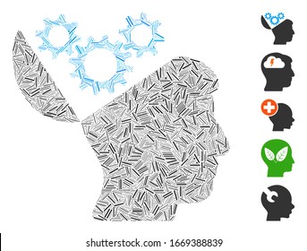Dash Mosaic based on open mind gears icon. Mosaic vector open mind gears is designed with randomized dash dots. Bonus icons are added.