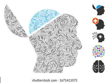 Dash Mosaic based on open brain icon. Mosaic vector open brain is designed with scattered dash spots. Bonus icons are added.