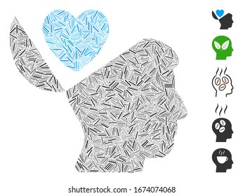 Dash Mosaic basado en la mente abierta icono del corazón de amor. El corazón amoroso del vector mosaico se crea con elementos de línea aleatoria. Se agregan iconos de bonificación.