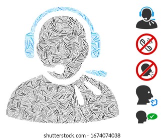 Dash Mosaic based on operator speech icon. Mosaic vector operator speech is formed with random dash spots. Bonus icons are added.