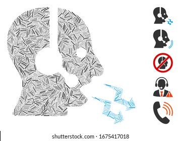 Dash Mosaic based on operator shout icon. Mosaic vector operator shout is composed with random line spots. Bonus icons are added.