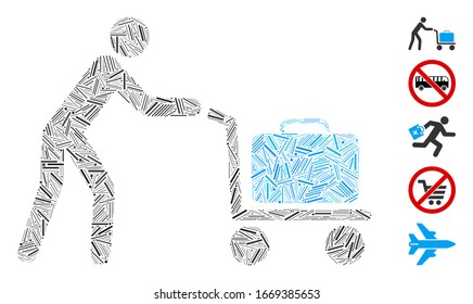 Dash Mosaic based on passenger trolley icon. Mosaic vector passenger trolley is composed with randomized dash elements. Bonus icons are added.