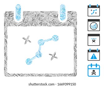 Dash Mosaic based on path points calendar day icon. Mosaic vector path points calendar day is composed with random line dots. Bonus icons are added.