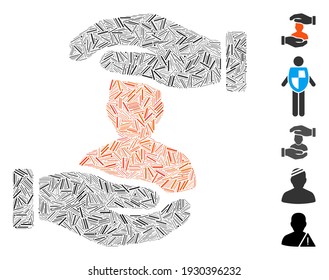 Dash Mosaic based on patient insurance icon. Mosaic vector patient insurance is created with scattered dash items. Bonus icons are added.