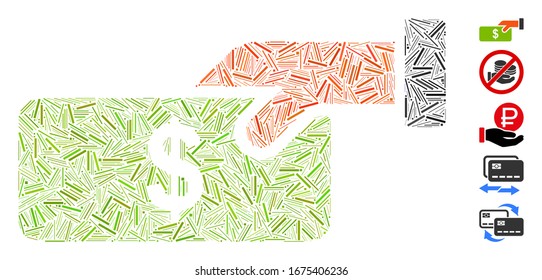 Dash Mosaic based on pay icon. Mosaic vector pay is designed with randomized dash spots. Bonus icons are added.