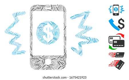 Dash Mosaic based on payment phone ring icon. Mosaic vector payment phone ring is created with randomized dash dots. Bonus icons are added.