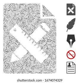 Dash Mosaic based on pencil and ruler page icon. Mosaic vector pencil and ruler page is composed with scattered dash dots. Bonus icons are added.