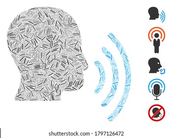 Dash Mosaic based on person speech waves icon. Mosaic vector person speech waves is designed with random dash elements. Bonus icons are added.