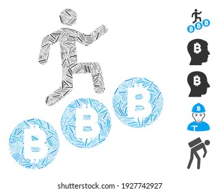 Dash Mosaic based on person climb Bitcoins icon. Mosaic vector person climb Bitcoins is formed with randomized dash elements. Bonus icons are added.