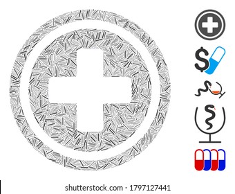 Dash Mosaic based on pharmacy cross icon. Mosaic vector pharmacy cross is created with random dash spots. Bonus icons are added.
