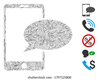 Dash Mosaic basierend auf dem Symbol für Telefonnachrichten. Mosaik Vektor-Telefonnachricht ist mit zufälligen Bindestrichen zusammengesetzt. Bonussymbole werden hinzugefügt.