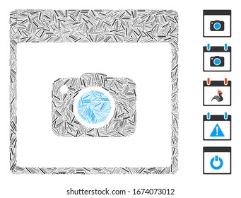 Dash Mosaic basierend auf Foto-Kamera Kalenderseite Symbol. Die Mosaik Vektorillustration Fotokamera-Kalenderseite besteht aus verstreuten Dash-Artikeln. Bonussymbole werden hinzugefügt.