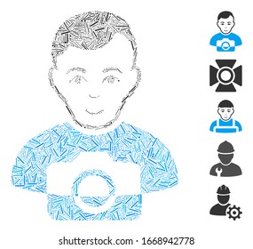 Dash Mosaic basiert auf dem Fotografen Symbol. Mosaik Vektorillustration Fotograf wird mit zufälligen Dash-Artikeln erstellt. Bonussymbole werden hinzugefügt.