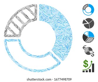 Dash Mosaic basierend auf dem Symbol für Kuchendiagramme. Die Mosaik Vektorillustration Pie Chart ist mit verstreuten Dash-Punkten entworfen. Bonussymbole werden hinzugefügt.