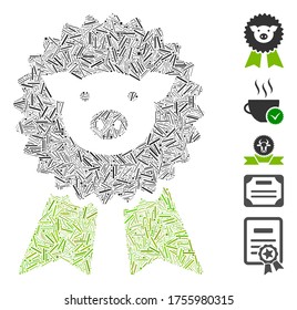 Dash Mosaic based on pig award seal icon. Mosaic vector pig award seal is formed with scattered dash items. Bonus icons are added.