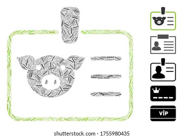 Dash Mosaic based on pig badge icon. Mosaic vector pig badge is formed with scattered dash items. Bonus icons are added.