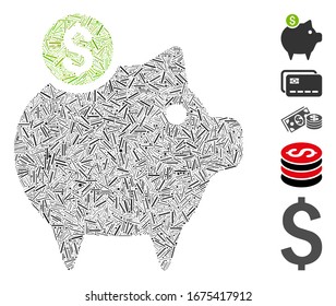 Dash Mosaic basado en un ícono de banco piggy. El banco de picadura vectorial mosaico está formado por puntos de guiones dispersos. Se agregan iconos de bonificación.