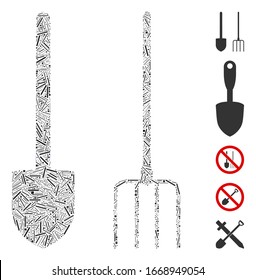 Dash Mosaic based on pitchfork and shovel tools icon. Mosaic vector pitchfork and shovel tools is created with scattered dash spots. Bonus icons are added.