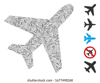 Dash Mosaic based on plane icon. Mosaic vector plane is designed with random dash items. Bonus icons are added.