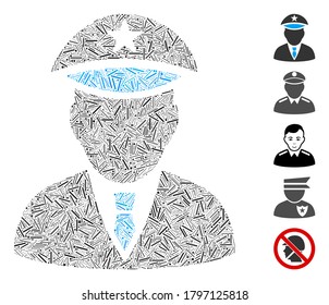 Dash Mosaic basado en el ícono de oficial de policía. El oficial de policía de vectores de mosaico se crea con elementos de guiones al azar. Se agregan iconos de bonificación.