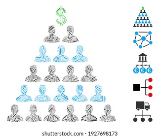 Dash Mosaic based on Ponzi pyramid scheme icon. Mosaic vector Ponzi pyramid scheme is designed with scattered dash dots. Bonus icons are added.