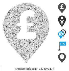 Dash Mosaic based on Pound Sterling marker icon. Mosaic vector Pound Sterling marker is formed with randomized dash spots. Bonus icons are added.