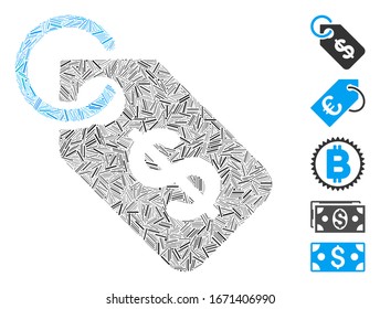 Dash Mosaic basado en el icono de la etiqueta de precio. La etiqueta de precio vectorial mosaico está diseñada con elementos de guión dispersos. Se agregan iconos de bonificación.
