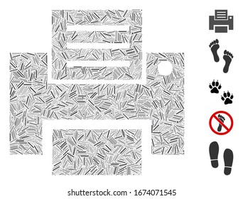 Dash Mosaic based on print icon. Mosaic vector print is created with scattered dash spots. Bonus icons are added.