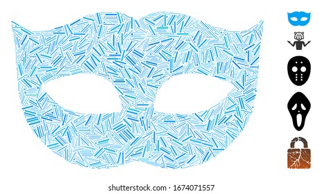 Dash Mosaic based on privacy mask icon. Mosaic vector privacy mask is designed with randomized dash spots. Bonus icons are added.