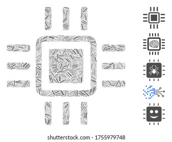 Dash Mosaic based on processor icon. Mosaic vector processor is formed with random dash items. Bonus icons are added.