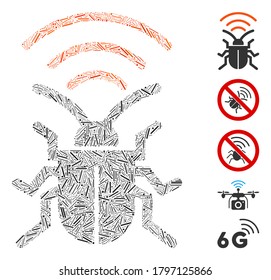 Dash Mosaic based on radio bug icon. Mosaic vector radio bug is designed with scattered dash dots. Bonus icons are added.