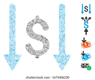 Dash Mosaic basado en el icono de recibir dinero. El vector mosaico recibe dinero se compone de puntos de guiones aleatorios. Se agregan iconos de bonificación.
