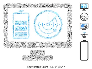 Dash Mosaic based on remote battery monitoring icon. Mosaic vector remote battery monitoring is composed with randomized hatch spots. Bonus icons are added.