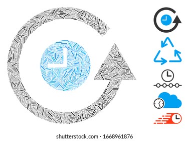 Dash Mosaic based on restore clock icon. Mosaic vector restore clock is created with random dash dots. Bonus icons are added.