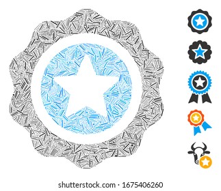 Mosaico de ceniza basado en icono de sello de recompensa. El retén de recompensa del vector mosaico se compone de elementos de guión aleatorizados. Se agregan iconos de bonificación.