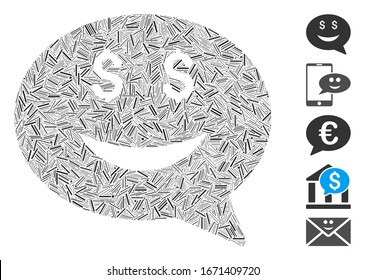 Dash Mosaic based on rich smiley message icon. Mosaic vector rich smiley message is created with random dash spots. Bonus icons are added.